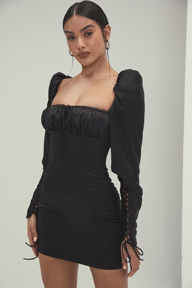 Puff Sleeve Self-Tie Square Neck Lace-Up Cuff Bodycon Mini Dress