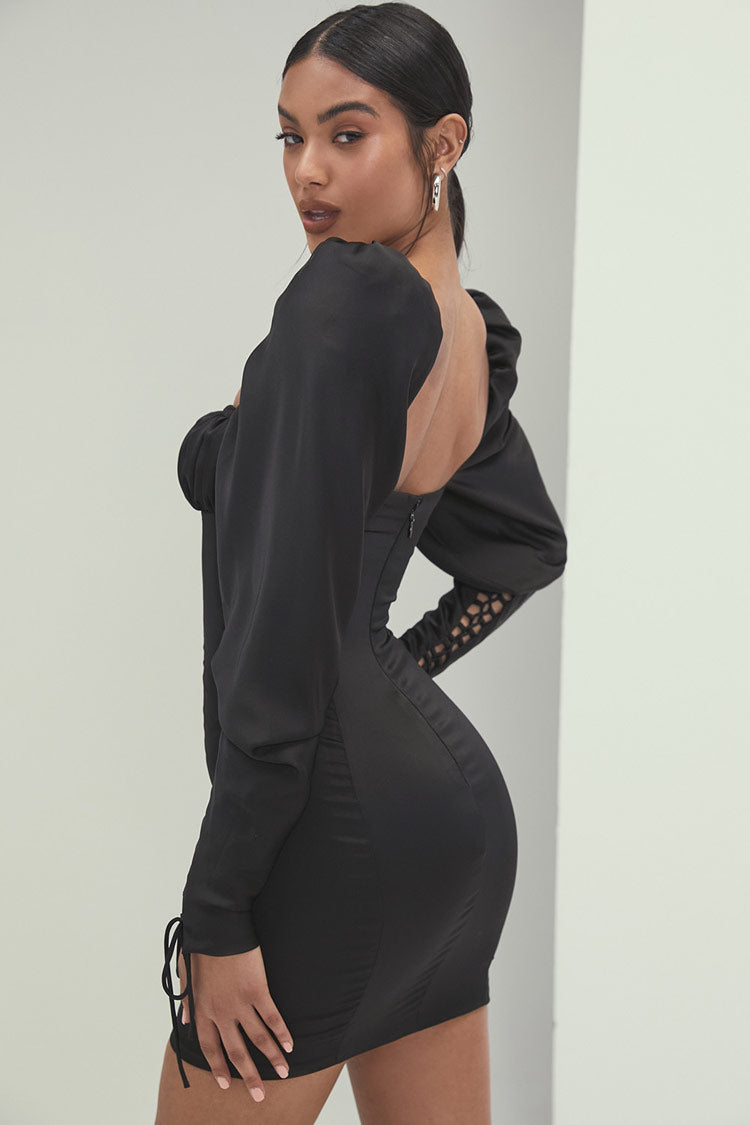 Puff Sleeve Self-Tie Square Neck Lace-Up Cuff Bodycon Mini Dress