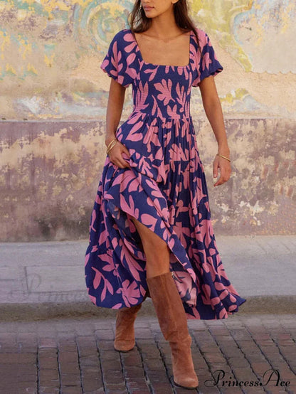 Puff Sleeve Square Charming Neck Printed Midi Dress
