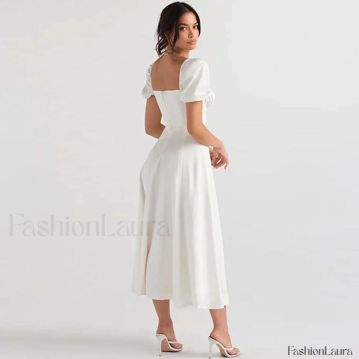 Puff Sleeve Tie Front High Split Off Shoulder Midi Sundress - White