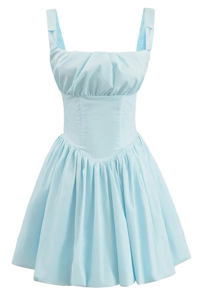 Square Neck Ruched Strap Corset Bodice Gathered Bubble Hem Mini Dress