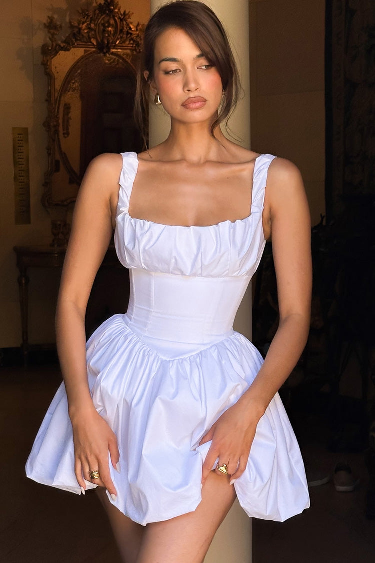 Square Neck Ruched Strap Corset Bodice Gathered Bubble Hem Mini Dress