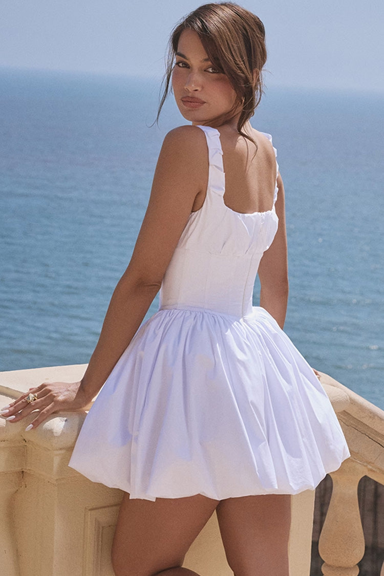 Square Neck Ruched Strap Corset Bodice Gathered Bubble Hem Mini Dress