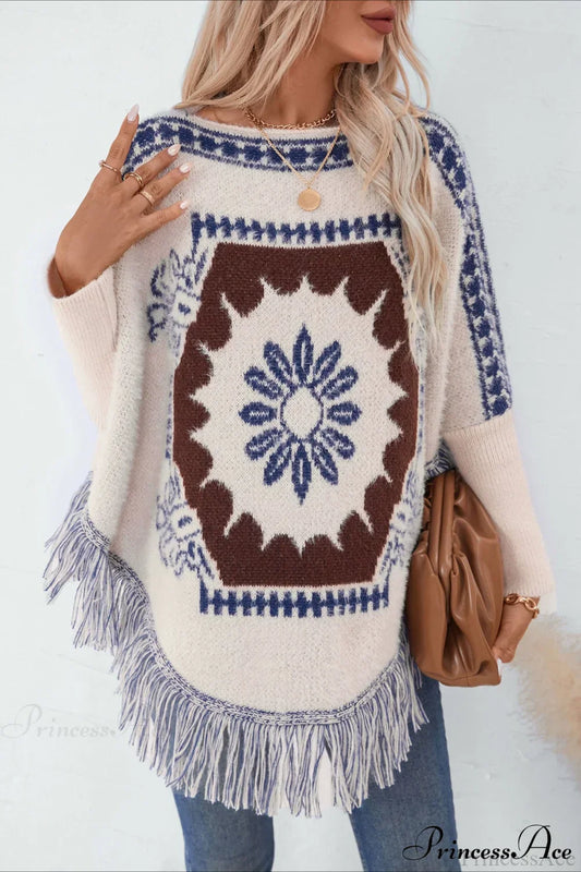 Pullover Knit Ethnic Long Sleeve Blouse
