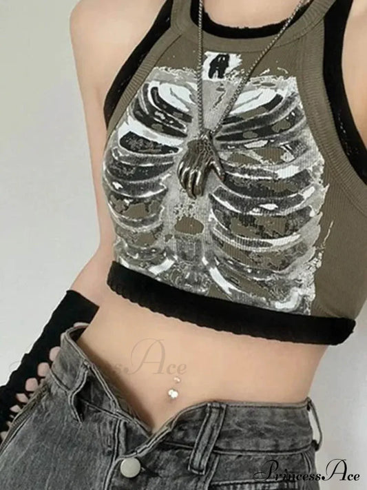 Punk Aesthetic Cyber Retro X-ray Skeleton Print Sleeveless Vest ArmyGreen Crop Designer Clothes Women Summer Emo Tank top