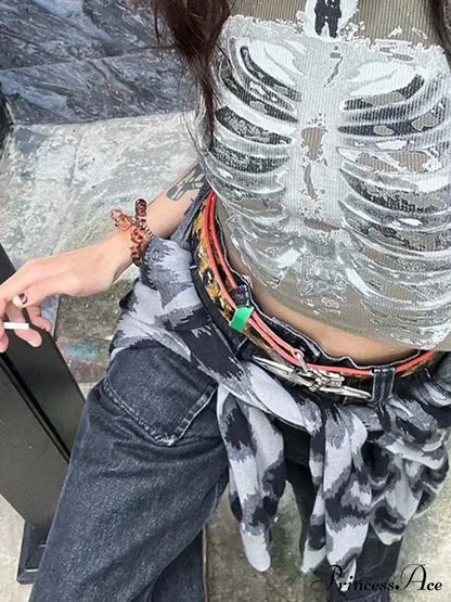 Punk Aesthetic Cyber Retro X-ray Skeleton Print Sleeveless Vest ArmyGreen Crop Designer Clothes Women Summer Emo Tank top