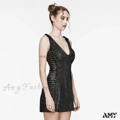 Punk Sexy Deep V-neck See-through Splicing Horizontal Mesh Daily Party Club Small Short Summer Gothic Dress