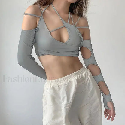 Punk Y2K Gothic Slim Fit Hollow Out Long Sleeve T-shirt Crop Top