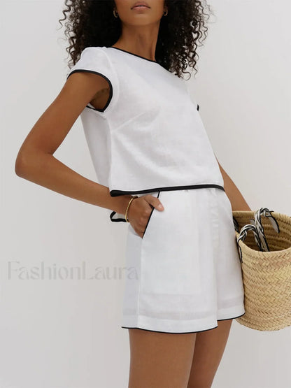 Pure Cotton Contrast Trendy Trim Shorts Set