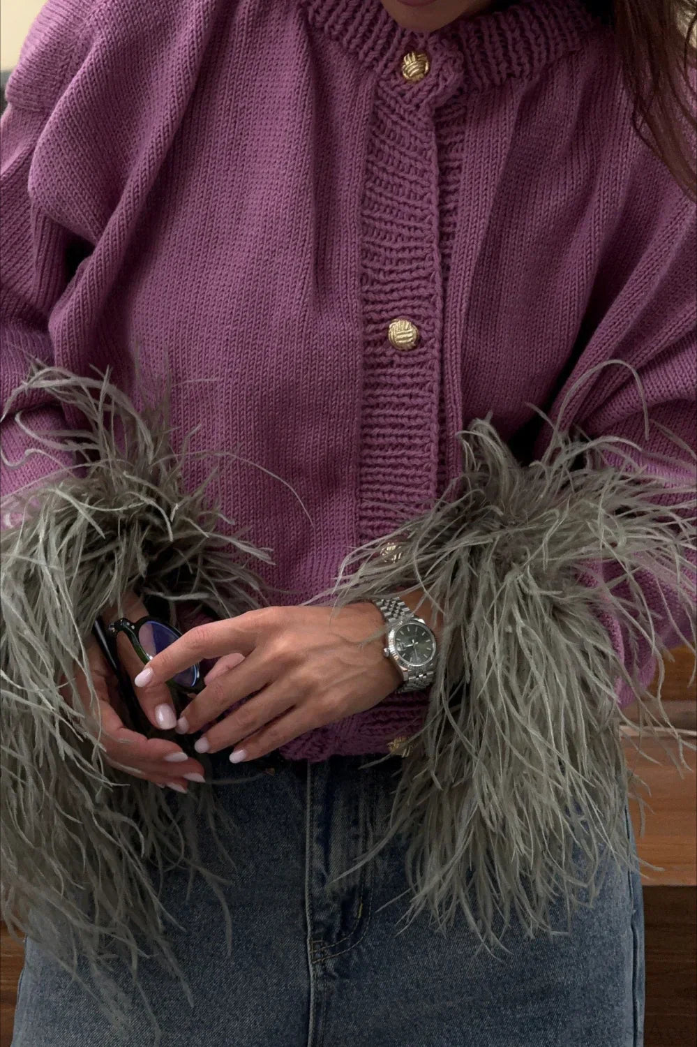 Purple Cropped Fuzzy Cuff Paneled Sweater