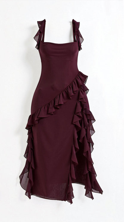 Square Neck Ruffle Strap Faux Wrap Asymmetrical Hem Midi Dress