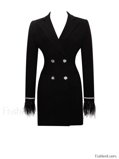 Quilla Black Feather Crystal Graceful Sleeve Backless Blazer Dress