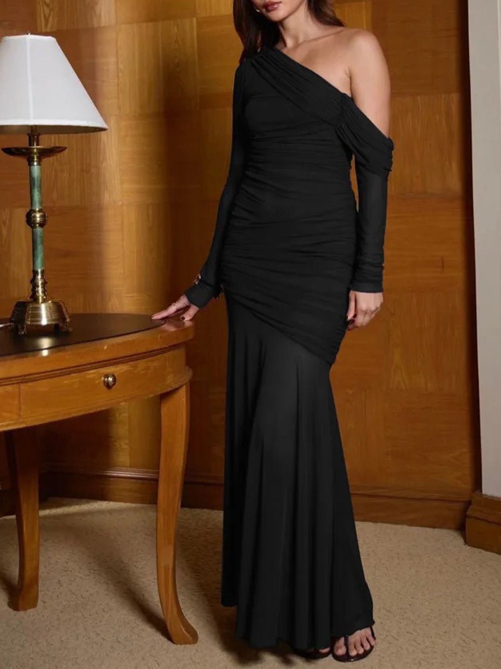 Mesh One Shoulder Long Sleeve Ruched Bodycon High Split Maxi Dress