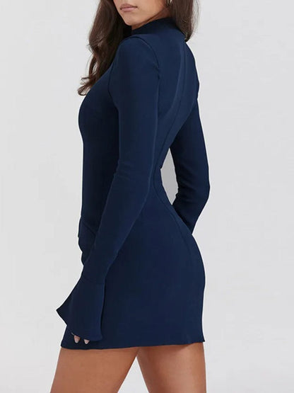 Mock Neck Long Sleeve Flared Cuff Wing Detail Bodycon Mini Dress