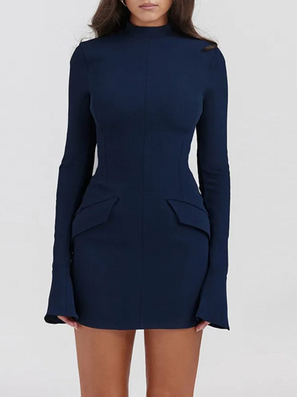 Mock Neck Long Sleeve Flared Cuff Wing Detail Bodycon Mini Dress