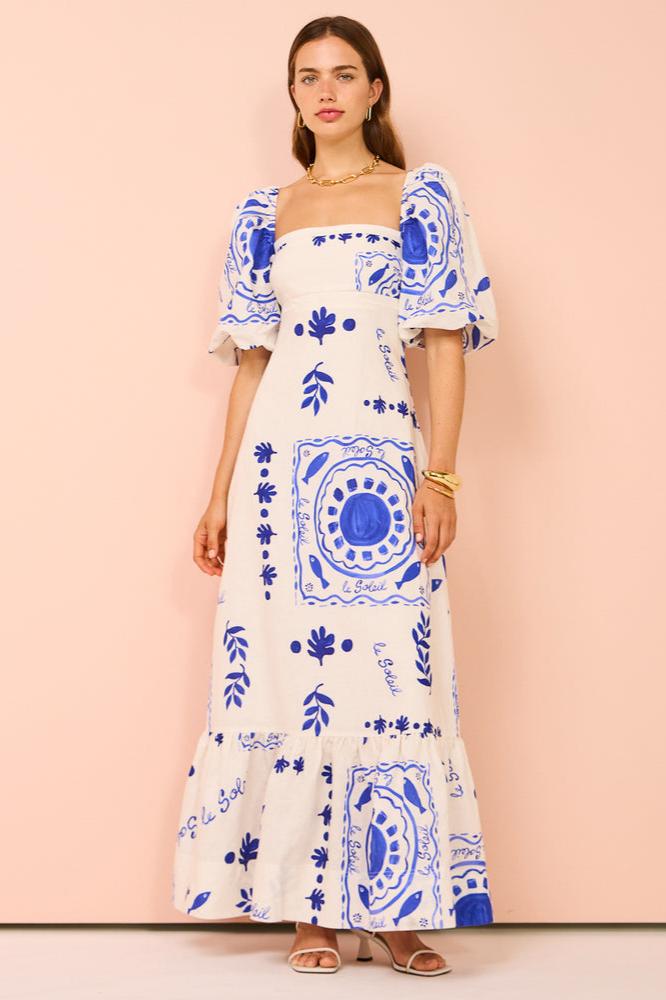 Square Neck Puff Sleeve Ruffled Hem Coastal Graphic Print Maxi Dress