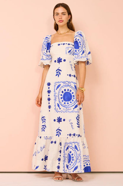 Square Neck Puff Sleeve Ruffled Hem Coastal Graphic Print Maxi Dress