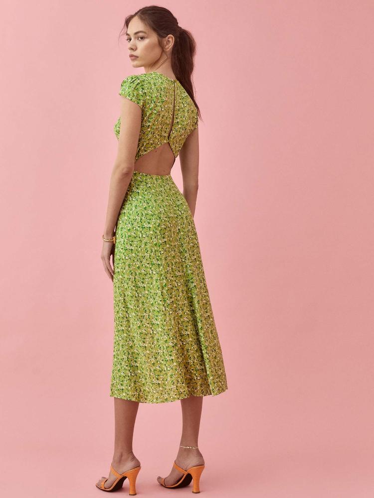 Ditsy Floral Cap Sleeve Crew Neck High Slit Midi Dress