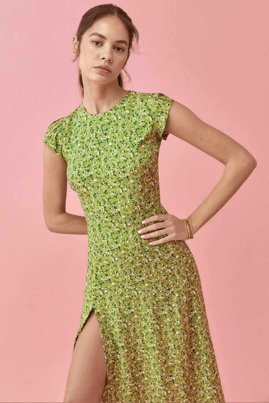Ditsy Floral Cap Sleeve Crew Neck High Slit Midi Dress