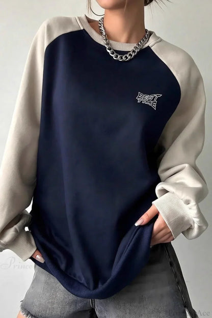 Raglan Sleeve Color Block Crew Neck Relaxed Sweatshirt