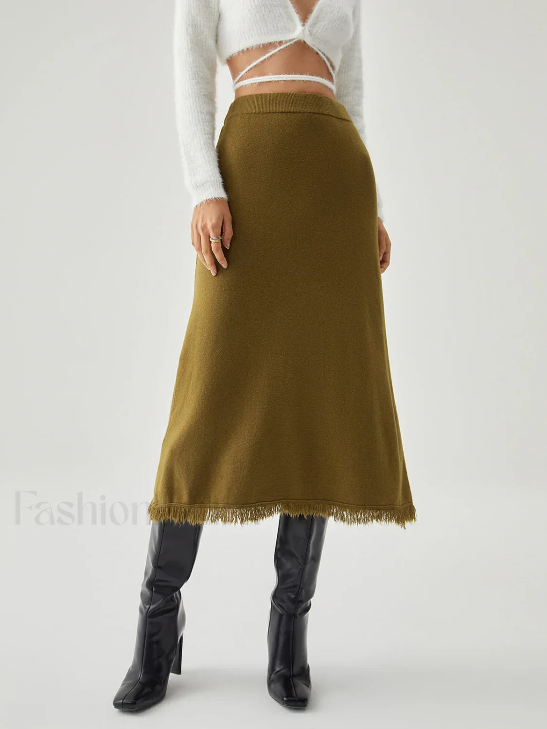 Raw Hem High Trendy Waist Midi Knit Skirt