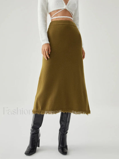 Raw Hem High Trendy Waist Midi Knit Skirt