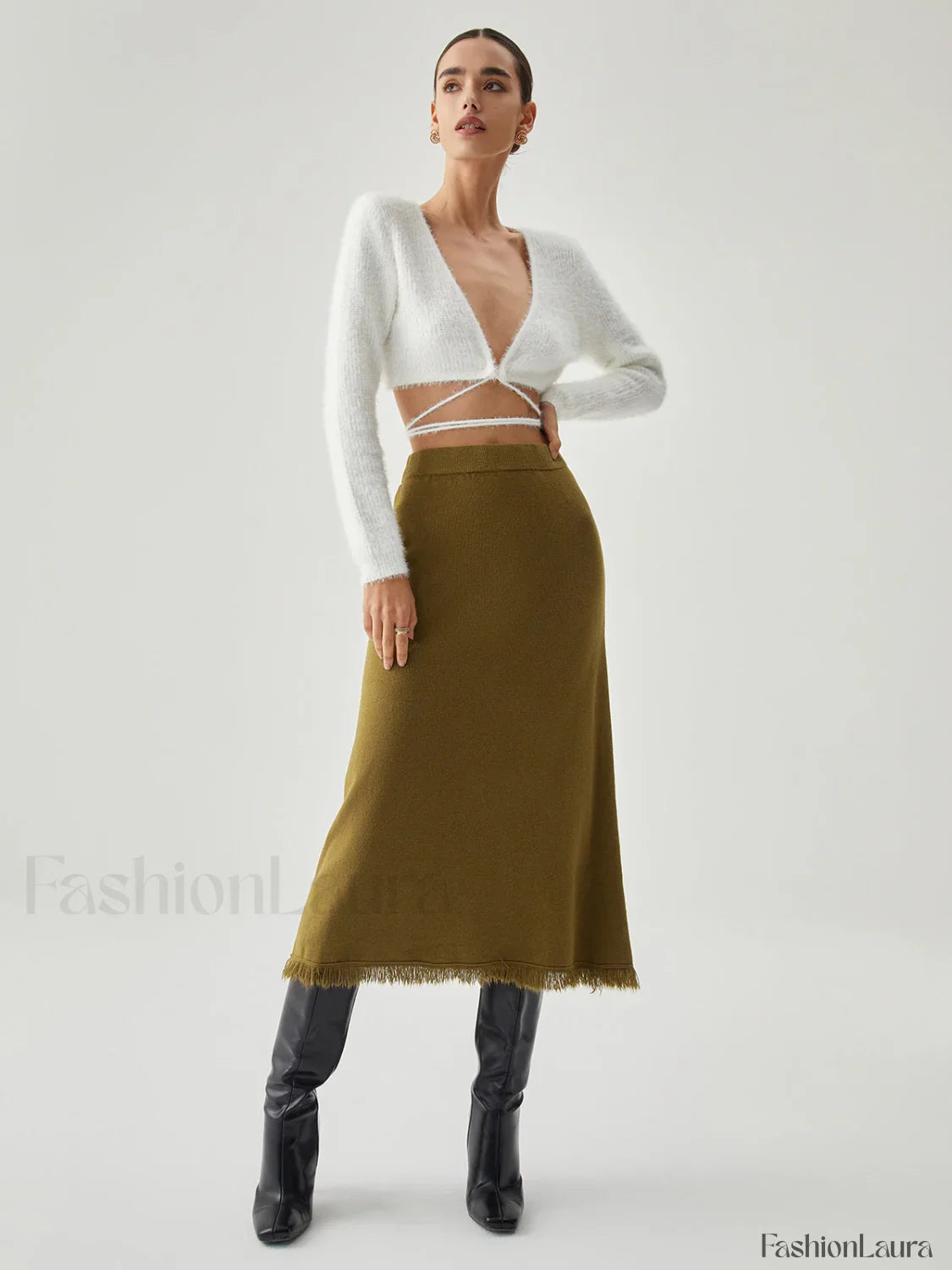Raw Hem High Trendy Waist Midi Knit Skirt
