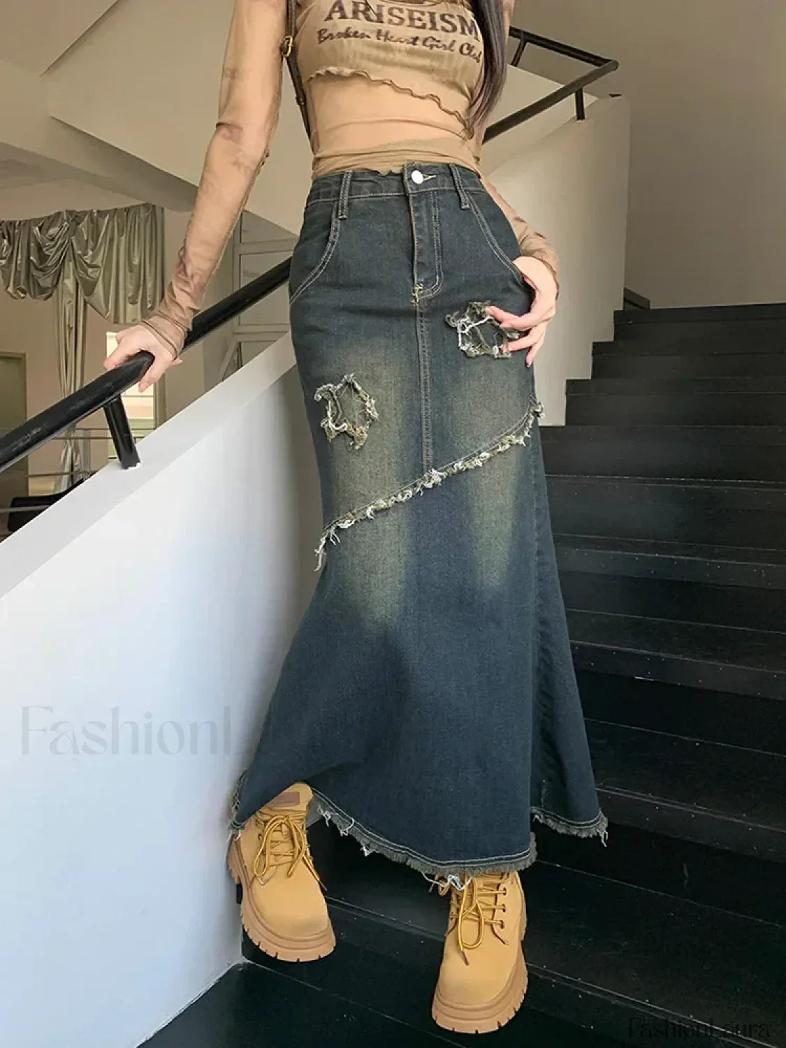 Raw Trim Mermaid Hem Washed Jean Long Skirt