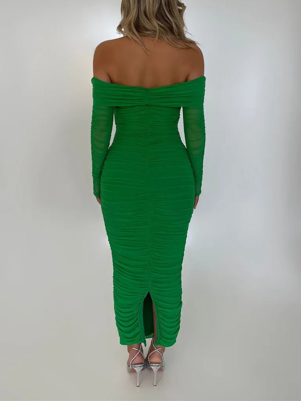 Off-Shoulder Ruched Mesh Long Sleeve Bodycon Maxi Dress