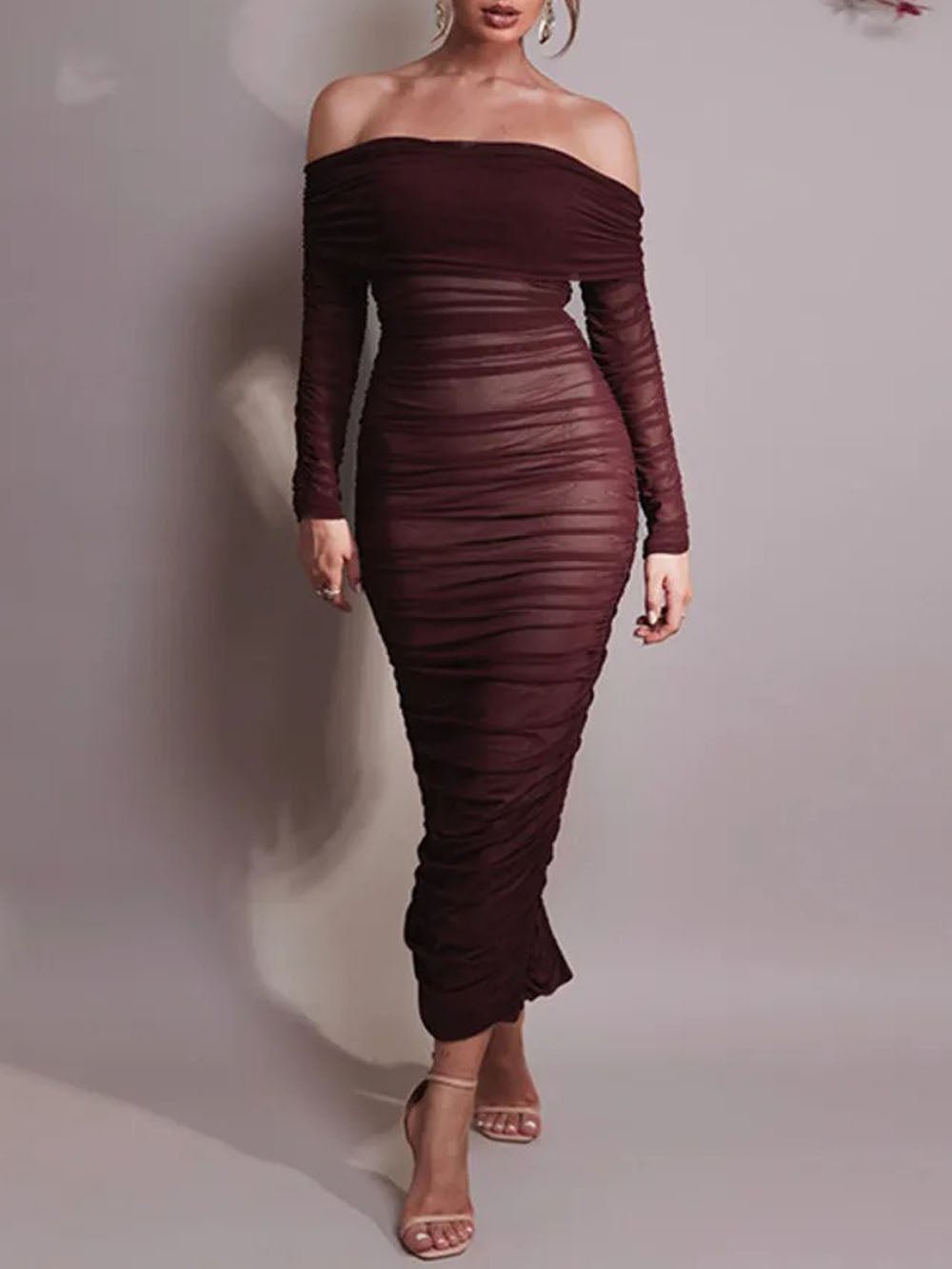 Off-Shoulder Ruched Mesh Long Sleeve Bodycon Maxi Dress