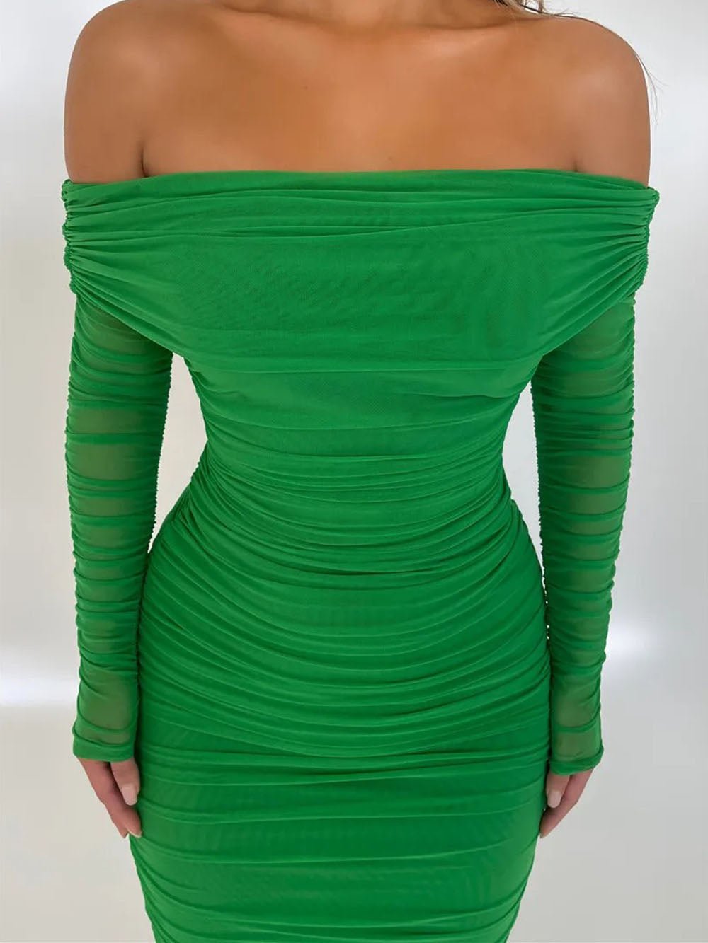 Off-Shoulder Ruched Mesh Long Sleeve Bodycon Maxi Dress