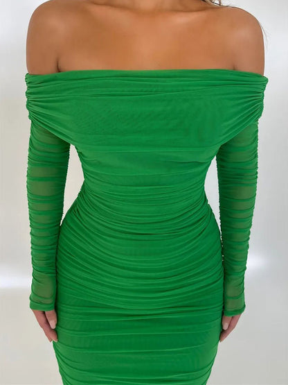 Off-Shoulder Ruched Mesh Long Sleeve Bodycon Maxi Dress