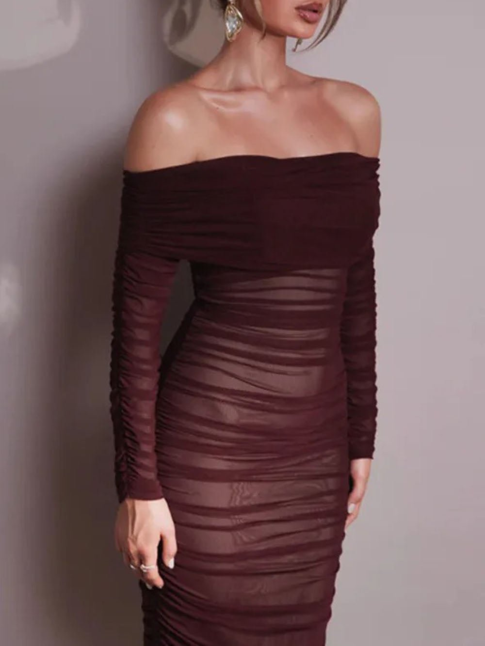 Off-Shoulder Ruched Mesh Long Sleeve Bodycon Maxi Dress