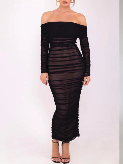 Off-Shoulder Ruched Mesh Long Sleeve Bodycon Maxi Dress