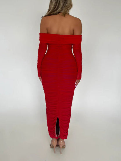 Off-Shoulder Ruched Mesh Long Sleeve Bodycon Maxi Dress