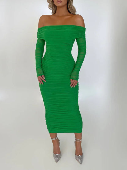 Off-Shoulder Ruched Mesh Long Sleeve Bodycon Maxi Dress