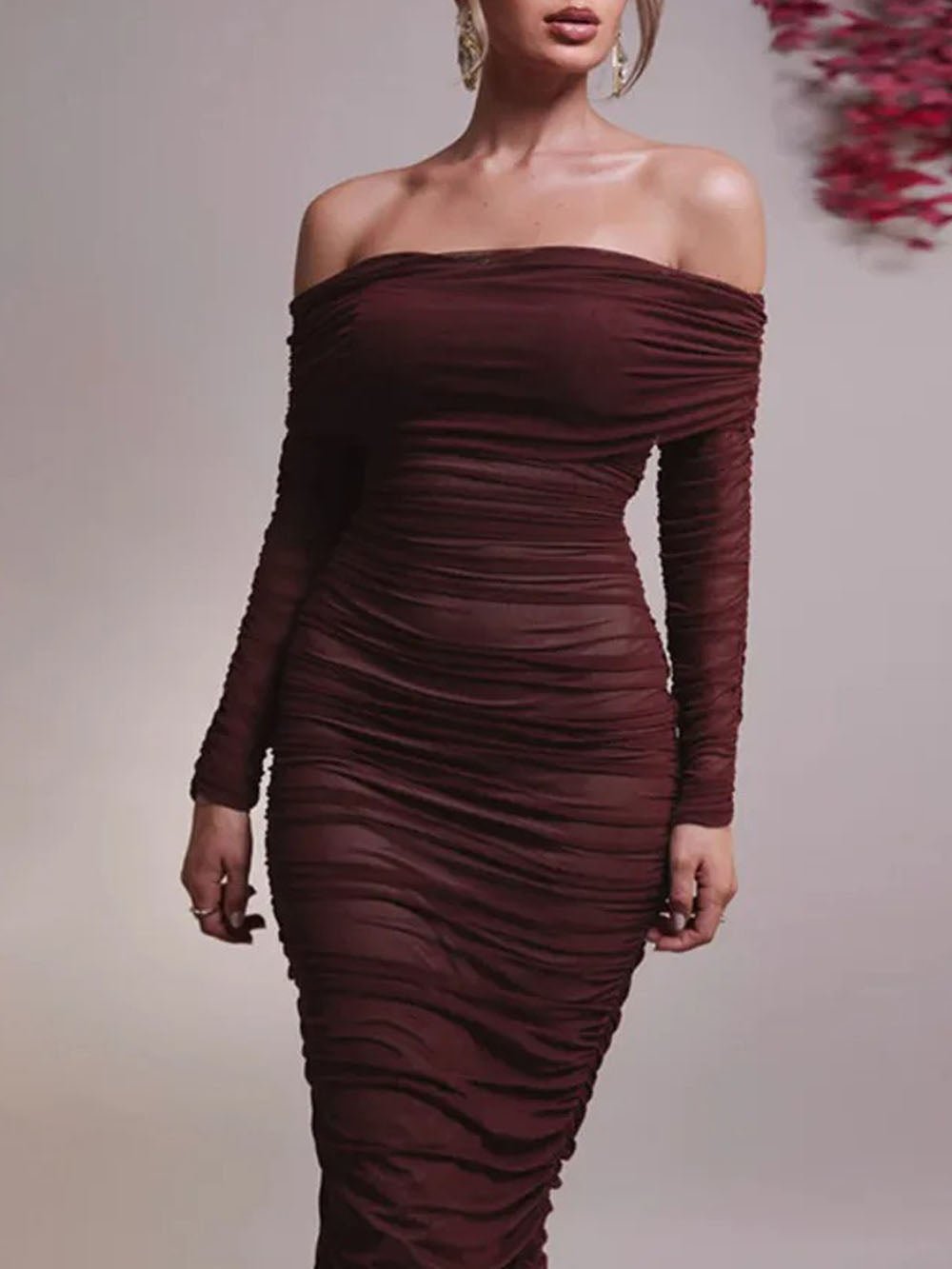 Off-Shoulder Ruched Mesh Long Sleeve Bodycon Maxi Dress