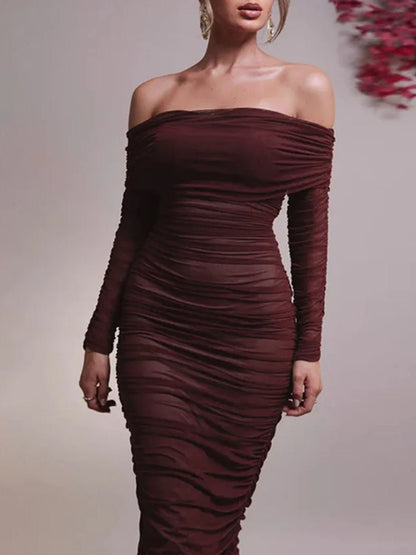 Off-Shoulder Ruched Mesh Long Sleeve Bodycon Maxi Dress
