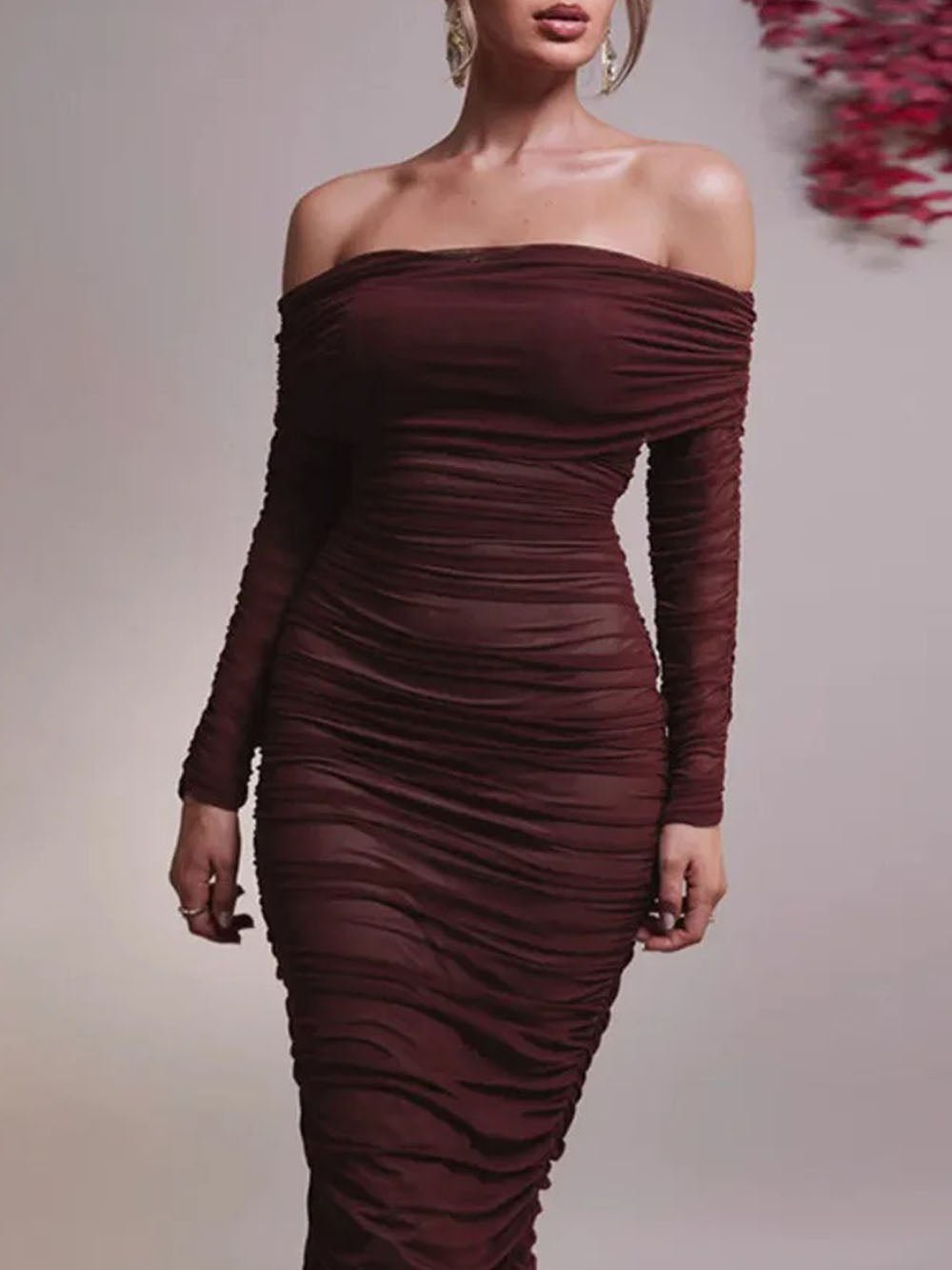 Off-Shoulder Ruched Mesh Long Sleeve Bodycon Maxi Dress