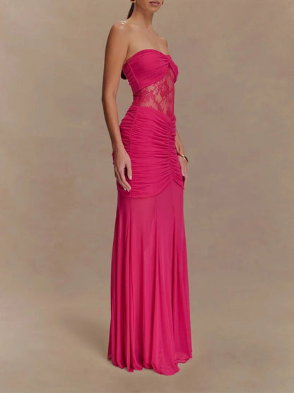 Strapless Sweetheart Twist-Front Lace Inset Ruched Column Maxi Gown