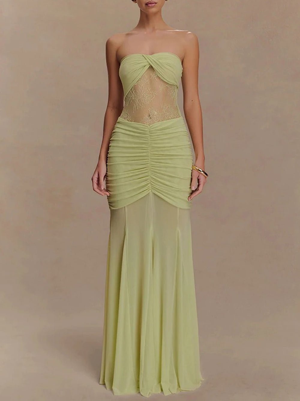 Strapless Sweetheart Twist-Front Lace Inset Ruched Column Maxi Gown