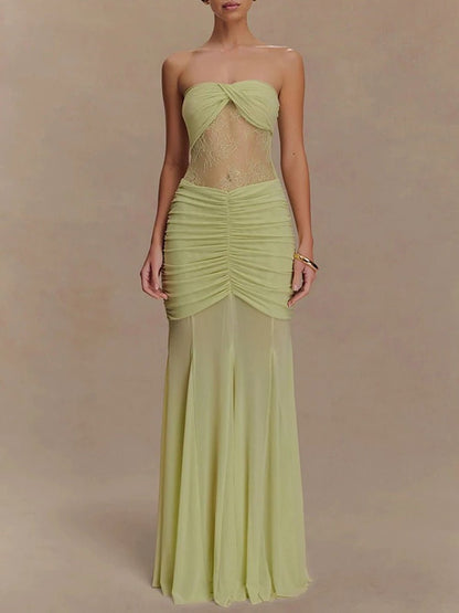 Strapless Sweetheart Twist-Front Lace Inset Ruched Column Maxi Gown