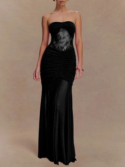 Strapless Sweetheart Twist-Front Lace Inset Ruched Column Maxi Gown