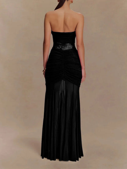 Strapless Sweetheart Twist-Front Lace Inset Ruched Column Maxi Gown