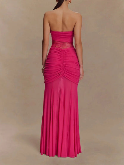 Strapless Sweetheart Twist-Front Lace Inset Ruched Column Maxi Gown