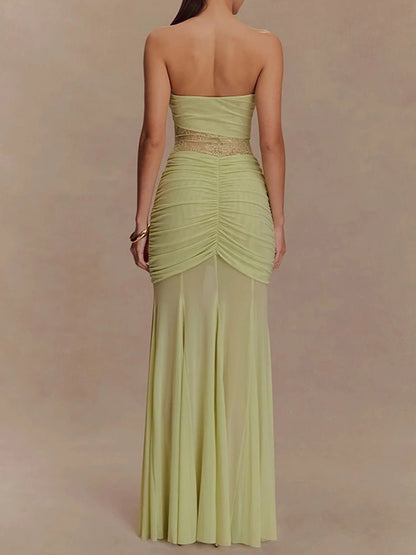Strapless Sweetheart Twist-Front Lace Inset Ruched Column Maxi Gown