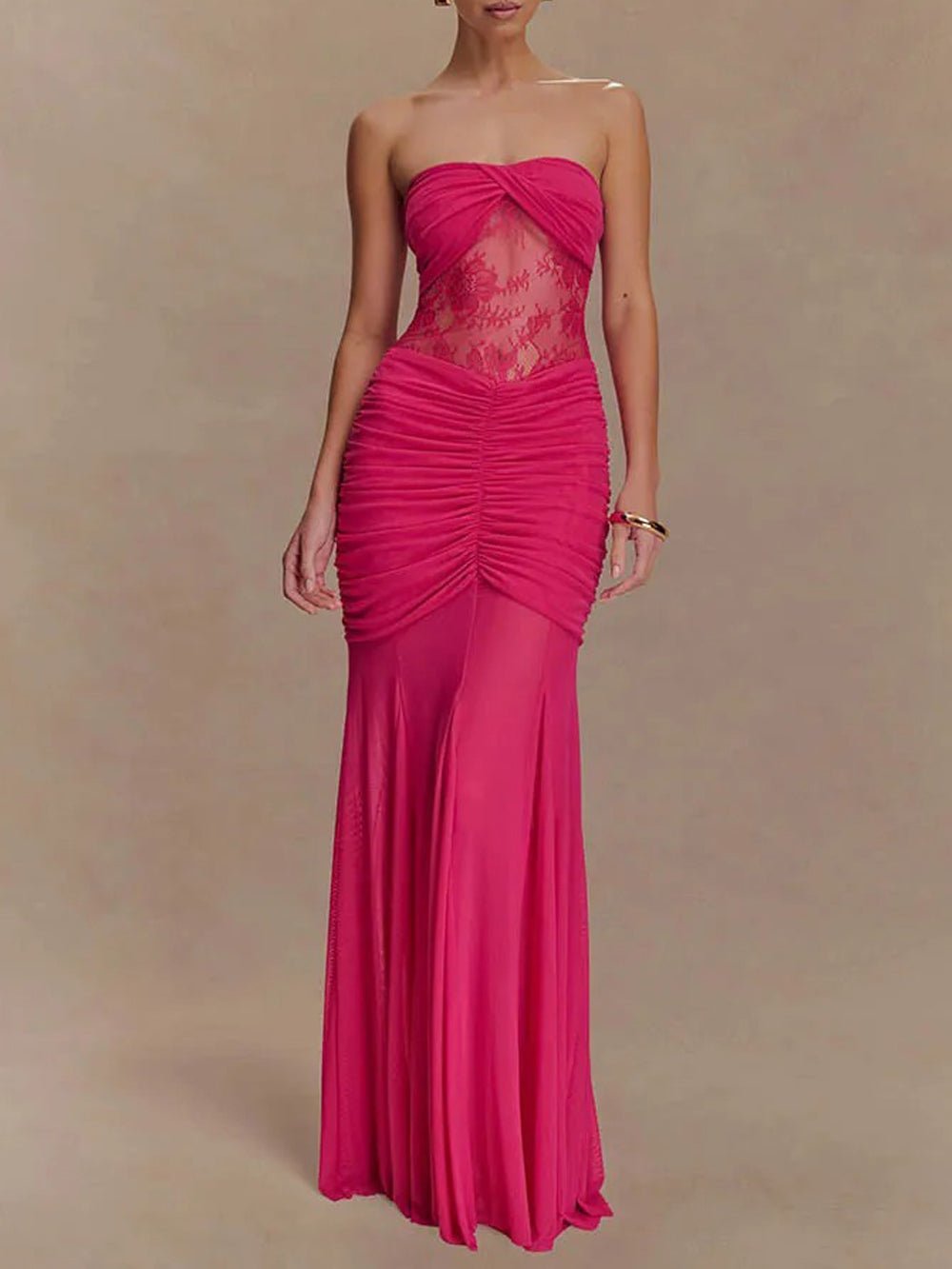 Strapless Sweetheart Twist-Front Lace Inset Ruched Column Maxi Gown