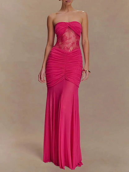 Strapless Sweetheart Twist-Front Lace Inset Ruched Column Maxi Gown