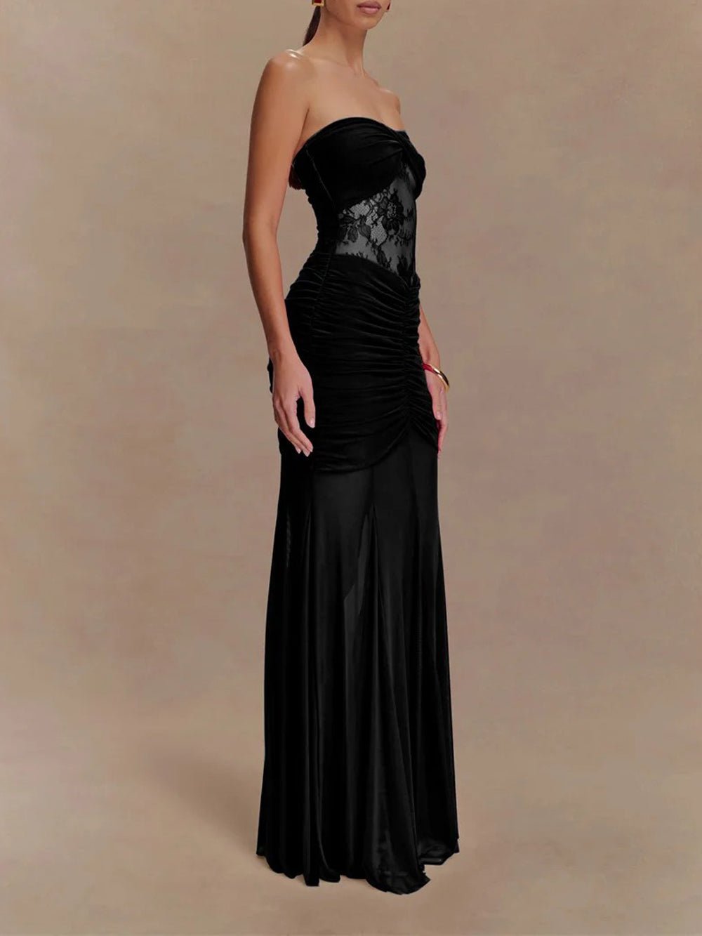Strapless Sweetheart Twist-Front Lace Inset Ruched Column Maxi Gown