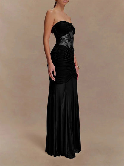 Strapless Sweetheart Twist-Front Lace Inset Ruched Column Maxi Gown